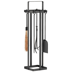Outsunny Fireplace Tools Set Indoor Outdoor 5 Piece Heavy Duty Metal Fireplace Accessories Set With Brush Broom, Poker, Shovel, Tongs And Stand F
