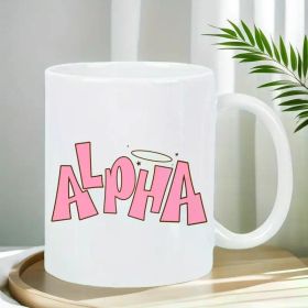Alpha-Inspired Ceramic Coffee Mug - Reusable, Insulated, White with Bold Pink Lettering & Angel Design, Perfect Gift