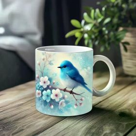 1pc_Blue Bird And Flowers ceramic cup 11 ounces, coffee/tea/wine glass, suitable for Valentine's Day, birthdays,