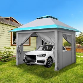 3x3m Light Blue White One Click Open Right Angle Belt With 4 Sides Of Surrounding Cloth, Double Roof Overhanging Eaves, 4 Corners With Sandbags, Foldi