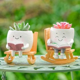 2 Pieces Of Cute Character Reading Rocking Chair Resin Flower Pots Indoor And Outdoor Plant Decoration Vase Home Flower Gift (Option: 2pack)