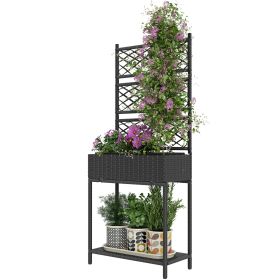Outdoor Wicker Planter With Trellis For Climbing Plants, Freestanding Rattan Garden Box With Storage Shelf, Black (Color: Black-570x230x540 mm)