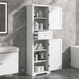 Tall Bathroom Storage Cabinet, Freestanding Storage Cabinet With Drawer And Adjustable Shelf, MDF Board With Painted Finish (Color: White)