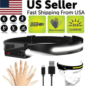 COB LED Headlamp USB Rechargeable Headlight Torch Work Light Bar Head Band Lamp (Color: Black)