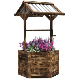 Wooden Wishing Well Planter, Raised Garden Bed with Galvanized Canopy, Hexagon Raised Flower Bed for Garden, Tan (Option: Tan-735x455x175 mm)