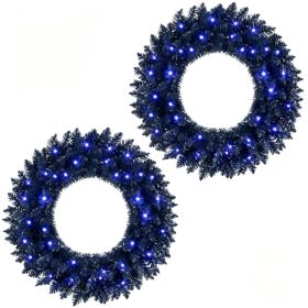 2 Pack 24in Black Pre-Lit Christmas Wreath, 179 Branch Tips, 35 Purple LED Lights, IP44 Timer, Gothic Halloween Holiday Door Decor (Option: 24133599)
