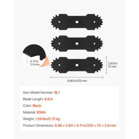 Electric Edger Blades, 8.8-inch Length, 3-Pack Replacement Blades, 65Mn High-Carbon Steel With Electrophoretic Coating, Multi-Serrated Sharp Edge (Option: Black)