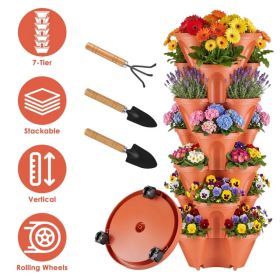 7-Tier Vertical Stackable Planter Tower with Casters, Space-Saving Stack-Up Garden Pots with Complete Tool Kit for Balcony, Deck, Indoor & Outdoo (Option: Red)