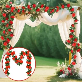 1Pc 16 Heads Artificial Rose Vine Fake Flower Garland Faux Silk Floral Hanging Ivy For Wedding Arch Party Ceremony Background Wall Garden Outdoor (Option: 1PC)