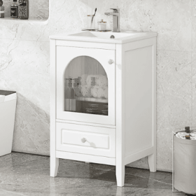 20 Bathroom Vanity With Sink, Bathroom Cabinet With Soft Closing Glass Door, A Drawer, Black (Color: White)