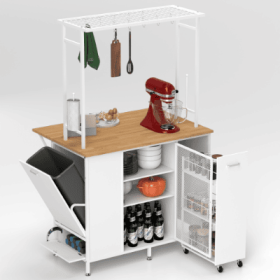 Kitchen Island With Storage Space, Breakfast Bar With Folding Flip-Up Panel, Large Storage Cabinet Shelves And Drawers, Large Coffee Bar Table Wi (Color: White)