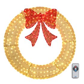 48in Pre-Lit Outdoor Christmas Wreath Decoration, LED Metal Holiday Decor for Home Exterior, Garden w/ 315 Lights, Bow - Gold/Red (Option: 34279541)