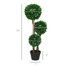 3ft Artificial Tree, Triple Ball Boxwood Topiary With Pot And Sandalwood Leaves, For Indoor Outdoor Home (Option: Green black)