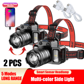LED Tactical Headlamp Head Torch USB Rechargeable Motion Sensor Headlight Zoomable 5 Modes Emergency Power Bank For Mobile Phone (Color: 2PCS)