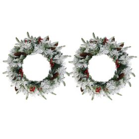 2 Pack 18in Pre-lit Snow Flocked Christmas Wreath, Lighted Artificial Xmas Wreath with 60 Warm Lights and 140 Tips and Red Berries Pine Cones, fo (Option: 99897282)
