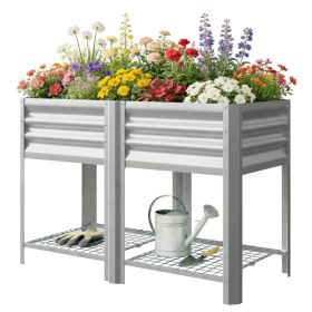 Raised Garden Bed Galvanized Steel, Elevated Planter Box with Storage Shelf, Bed Liner, 31.5" High, Silver (Option: Silver-940x360x150 mm)