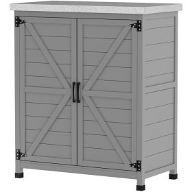 Wooden Storage Cabinet, Outdoor Prep Table with Metal Tabletop, Shelves and Double Doors for Patio, Garden, Gray (Option: Gray-985x495x190 mm)