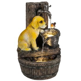 22" Outdoor Fountain with 3-Tier Puppy Theme, Resin Garden Fountain with LED Lights, Adjustable Flow, Rustic Brown (Option: Rustic Brown, Yellow-460x450x675 mm)