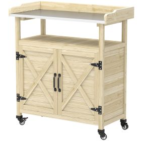 Outdoor Wooden Potting Bench with Storage Cabinet, Aluminum Tabletop, Rubber Wheels for Backyard, Patio, Natural Wood (Option: Natural Wood-930x260x480 mm)