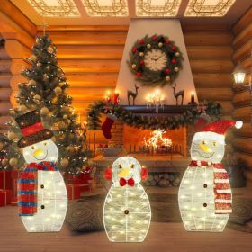 3-Piece Christmas Snowman Family Decorations (Father/Mother/Baby), 2D Plush-Wrapped Metal Frame with 3×9.84ft LED String Lights (30 Beads/Each), (Option: AS PIC)