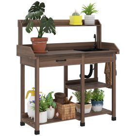 Potting Bench Table, Outdoor Garden Table Wooden Work Station with Removable Sink, Faucet, Drawer, Shelves, Hooks, Dark Brown (Option: Coffee-1210x515x205 mm)