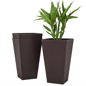 Set of 3 Tall Planters with Drainage Hole, 24" Outdoor Flower Plant Pots, Indoor Planters for Porch, Front Door, Entryway, Patio and Deck, Brown (Option: Brown-385x385x835 mm)