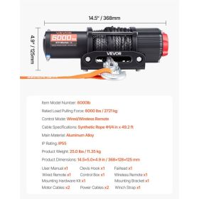 6000 Lbs Electric Winch, 12V DC ATV/UTV Winch With Φ0.24 In X 49.2 Ft Synthetic Rope, Wireless & Wired Remote Control, IP55 Waterproof, With Fair (Option: Black)