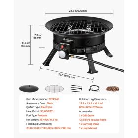Propane Fire Pit 24-Inch, 53,000 BTU Portable Gas Fire Pit, With Grill Grate & Lava Rocks, Adjustable Flame, Folding Legs,Smokeless Outdoor Fireb (Option: Black)