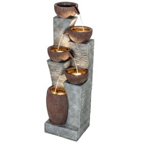Outdoor Water Fountain with 5-Tier Crock Design, 51.2" Tall Cascading Waterfall Garden Fountain with LED Lights (Option: Gray, Rustic Brown-540x430x1280 mm)