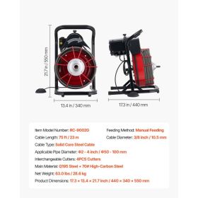 Drain Cleaner Machine 75 FT X 3/8 Inch, Sewer Snake Auger Manual Feed With 4 Cutters & Air-activated Foot Switch For 2" To 4" Pipes (Option: Black)