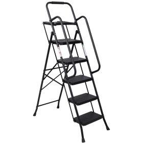 5 Step Ladder, Folding Step Stool With Wide Anti-Slip Pedal, Sturdy Steel Ladder 330 LBS Load Capacity, Convenient Handrail, Lightweight, Portabl (Option: Black)