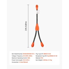 Y Splitter Adapter Cord, 50 Amp NEMA 14-50, 4 Prong 240V Splitter For RV And EV, NEMA 14-50P To Dual 14-50R Outlets With Grip Handle, Heavy Duty (Option: Black)