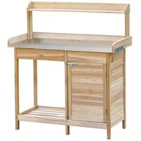 Outdoor Potting Bench Table, Garden Work Station with Storage Cabinet, Open Shelf and Steel Tabletop, Natural (Option: Natural Wood-1170x250x535 mm)