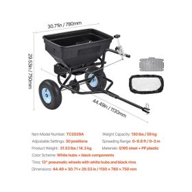 Tow Behind Broadcast Spreader, 130LBS Capacity, Tow/Push Garden Spreader With 13 In Tires, 30 Adjustable Setting & 9.8 Ft Spreading Width, Lawn S (Option: Black)