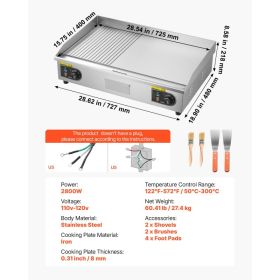 Commercial Electric Griddle, 28.54 X 15.75 In, 2800W, 122-570°F Adjustable Temp Control, Stainless Steel, Half Grooved Half Flat, With 2 Spatulas (Option: Black)