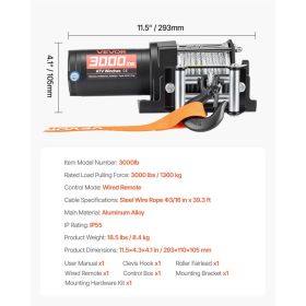 3000 Lbs Electric Winch, 12V DC ATV/UTV Winch With Φ3/16 In X 39.4 Ft Steel Wire Rope & Wired Remote Control, IP55 Waterproof, Aluminum Housing F (Option: Black)