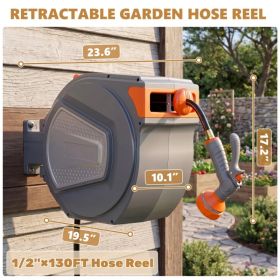 Auto Rewind Retractable Hose Reel, Wall Mounted with 180° Swivel, Multi-Function Spray Nozzle for Outdoor Watering (Option: 130FT)