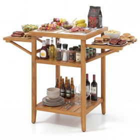Acacia Wood Outdoor Grill Table with Drop Leaf, BBQ Prep Station with Faux Marble Resin Top (Option: 99320691)