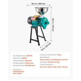 Electric Grain Mill Grinder, 110 Lbs/H Commercial Spice Grinders, 1500W Cast Iron Pulverizer Powder Machine With Non-Slip Rubber Feet, For Dry Gr (Option: Black)