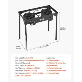 2 Burner Outdoor Propane Gas Stove, 150,000 BTU Propane LPG Gas Camping Stove, Heavy Duty Carbon Steel Outdoor Cooker, With Shield & Tall Stand & (Option: Black)