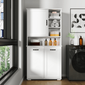 Laundry Cabinet With Doors And Shelf, Tilt-Out Laundry Hamper, Multiple Storage Space, Freestanding Style, Open Shelve, Adjustable Shelf, White (Color: White)