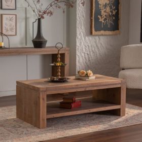 Rectangle Coffee Table With Solid Wood For Living Room, Large 2-Tier Rustic Coffee Table With Storage Shelf, Office And Apartment, Easy Assembly (Option: Natural Wood)