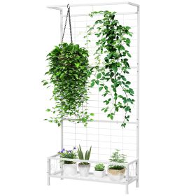 Metal Tall Plant Stand with Trellis and Hanging Bar, Plant Holder for Indoor Outdoor Use, 35" x 12.8" x 74", White (Option: White-990x745x110 mm)