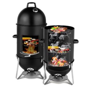 Vertical Steel Charcoal Smoker, Heavy Duty Three Layer Round BBQ Grill Smokey Mountain Cooker For Outdoor Cooking, Black   SAME AS 60608693 (Option: Default)
