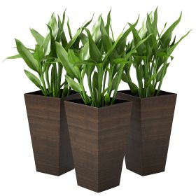 Set of 3 Tall Planters, 28" Outdoor Planter w/ Drainage Holes, Faux Wood Plastic Flower Pots, Brown (Option: Brown-415x415x910 mm)