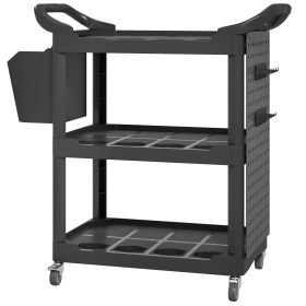 3-Tier Rolling Tool Cart, 200 LBS Capacity Plastic Utility Cart With Side Shelf And Storage Bucket, Black (Color: Black-960x450x250 mm)