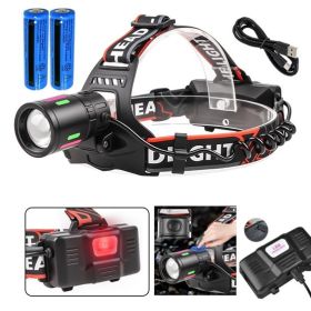 LED Headlamp USB Rechargeable Head Torch Zoom Headlight Lamp Super Bright Flashlight Work Light 3 Modes With 2 Li-ion Batteries (Option: 1pack)
