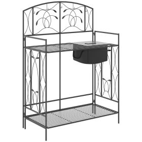 Folding Potting Bench Table, Metal Garden Workstation, Work Bench with Large Built-in Bag with Cover, 5 Hanging Hooks & Storage Shelf, Leaf Patt (Option: Black-1285x860x85 mm)