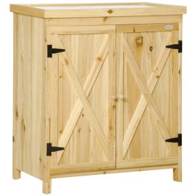 Garden Storage Cabinet, Outdoor Tool Shed with Galvanized Top and Two Shelves for Yard Tools or Pool Accessories, Natural (Option: Natural Wood-970x510x260 mm)