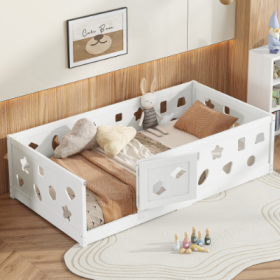 Twin Size Floor Bed With Heightened Safety Guardrails And Door, Solid Wood Bedframe With Rails For Girls, Boys, Teens, Child Bedroom, Kids Playro (Color: White)